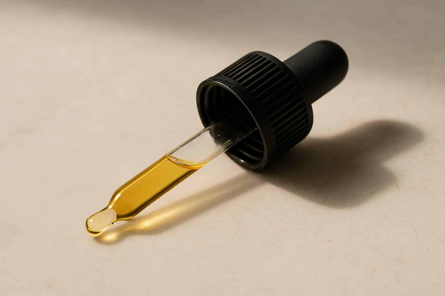A glass dropper dispensing a golden droplet of castor oil against a clean, minimal background. The dropper should appear elegant and premium, positioned above a palm or glass bowl. The oil droplet should reflect warm, natural lighting to highlight its rich, nutrient-dense texture. Emphasize purity, precision, and self-care.