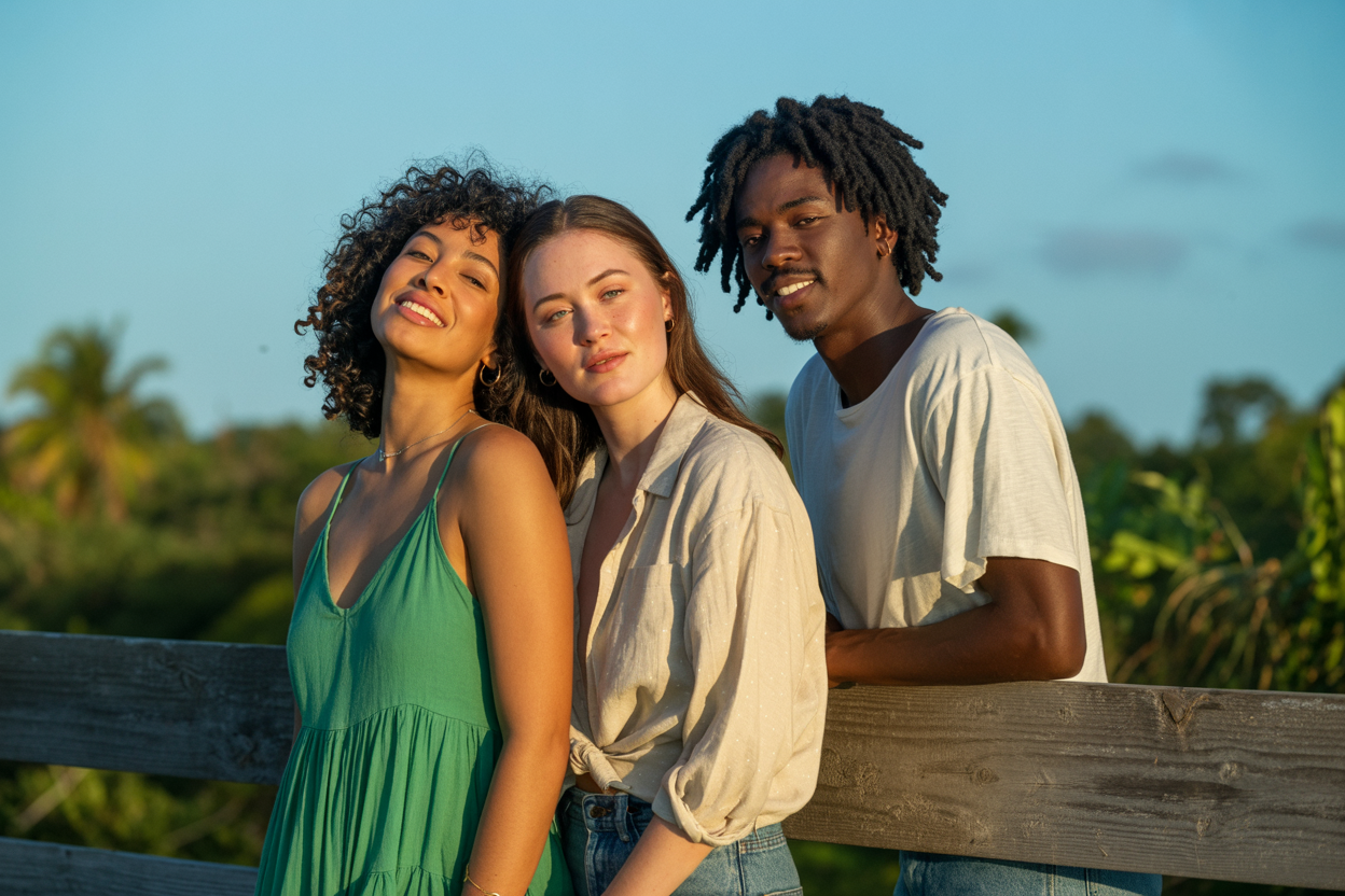 Man standing with two women, all with healthy hair and glowing skin – showcasing the unisex benefits of Aumenta castor oil