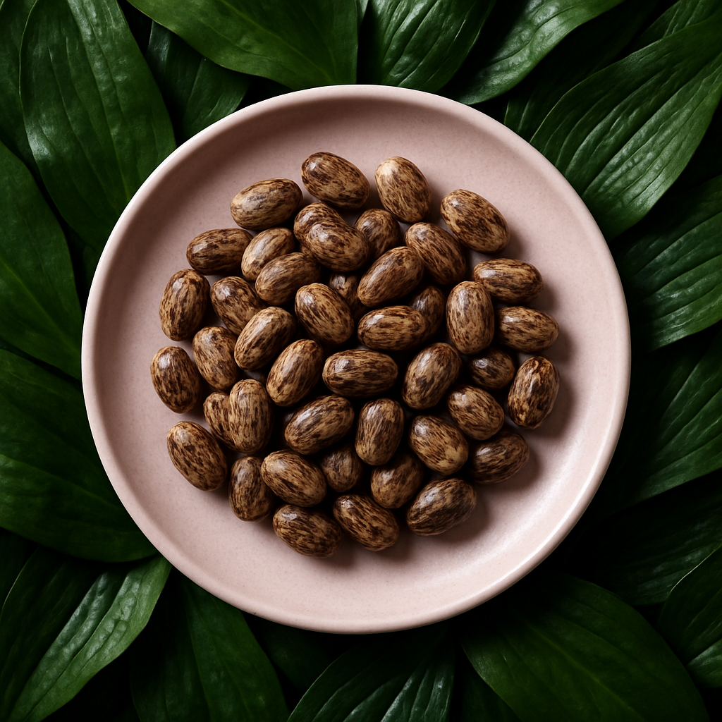Raw castor beans on a pink ceramic plate, surrounded by lush green leaves – natural source of Aumenta’s pure Brazilian castor oil